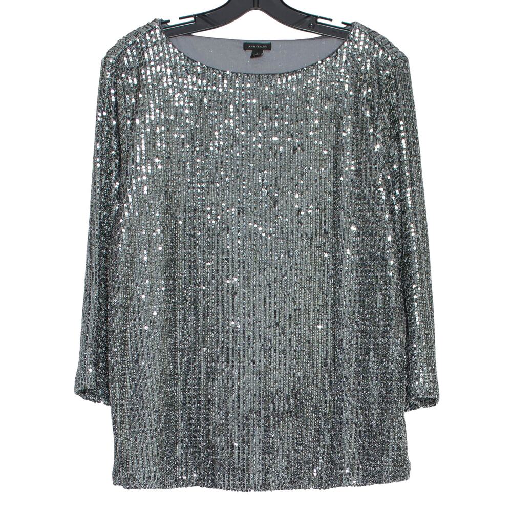 Ann Taylor Top 3/4 Sleeve All Over Sequin Disco Glam Party Cocktail Silver Large